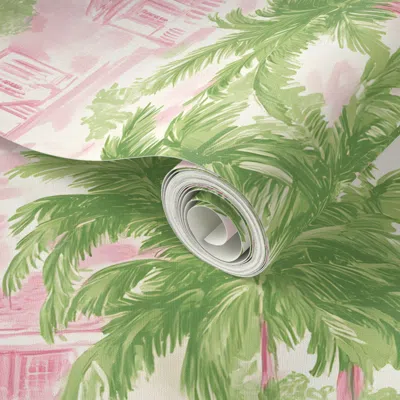 Spoonflower Peel And Stick Wallpaper Toile The Sway Home In Pink/green On White 2' X 12' Removable