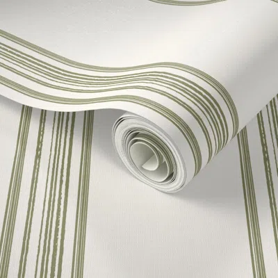 Spoonflower Peel And Stick Wallpaper Traditional Textured Olive Green Vertical Stripe On Cream White (large) 2' 
