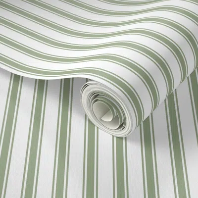 Spoonflower Peel And Stick Wallpaper Traditional Thin Ticking Stripes Vertical Soft Sage Green White 1/2 In Pin 