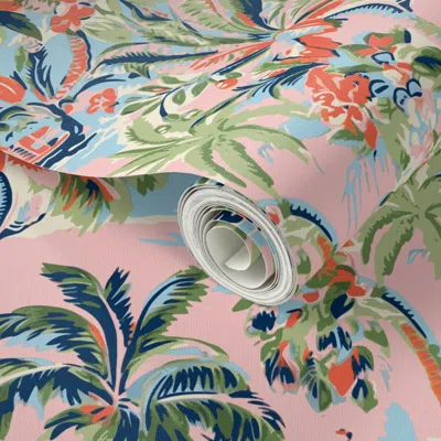 Spoonflower Peel And Stick Wallpaper Tropic Toile Pink 2' X 12' Removable
