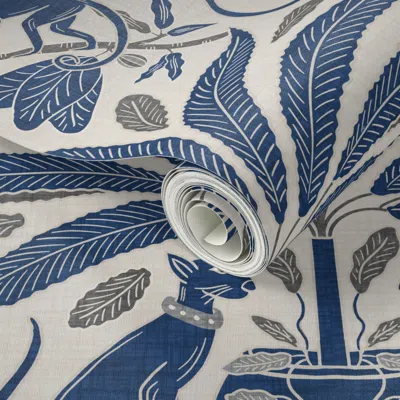 Spoonflower Peel And Stick Wallpaper Tropical Damask -- Blue And Gray - 24 Inches  Removable
