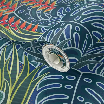 Spoonflower Peel And Stick Wallpaper Tropical Night Blue Green  Home Decor Hawaii Moody Floral 2' X 12' Removabl