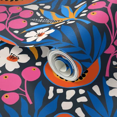 Spoonflower Peel And Stick Wallpaper Tropical Papaya Blue - Large  Removable