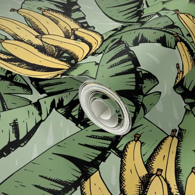 Spoonflower Peel And Stick Wallpaper Tropical Yellow Bananas And Leaves In Green 2' X 12' Removable