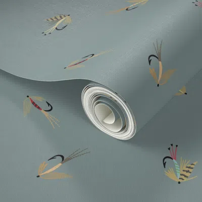 Spoonflower Peel And Stick Wallpaper Trout Fly Fishing Lures On Steel Blue 2' X 12' Removable In Multi