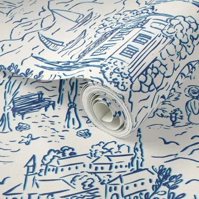 Spoonflower Peel And Stick Wallpaper Turkish Sea Side Toile De Jouy In Blue And Creme White 2' X 12' Removable