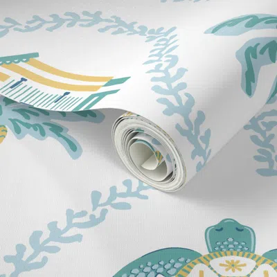 Spoonflower Peel And Stick Wallpaper Turtle And Beach Hut Trellis - Yellow And Blue On Pure White - Large  Remov