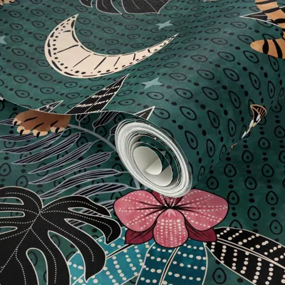 Spoonflower Peel And Stick Wallpaper Tyger Tyger - Tigers In The Forest At Night - Dark Forest Green - Jumbo  Re