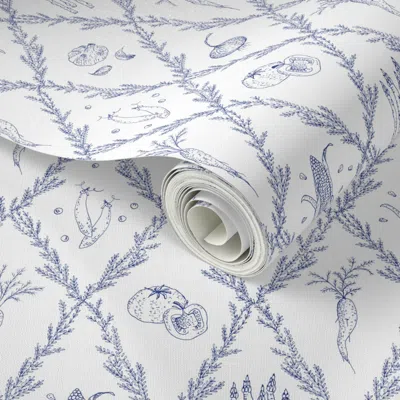 Spoonflower Peel And Stick Wallpaper Vegetable Soup Kitchen Toile Navy 2' X 12' Removable In Multi