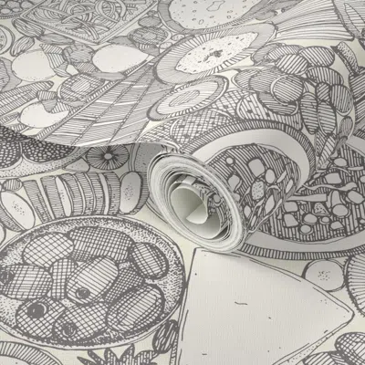 Spoonflower Peel And Stick Wallpaper Vegetarian Party Platter Vintage Gray 2' X 12' Removable