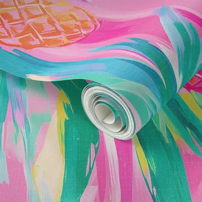 Spoonflower Peel And Stick Wallpaper Vibrant Pineapple And Palm Print - Tropical Pink And Orange Aesthetic 2' X 