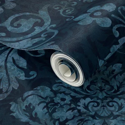 Spoonflower Peel And Stick Wallpaper Victorian Damask Flower Vintage Ornaments Midnight Blue Smaller 2' X 12' Re