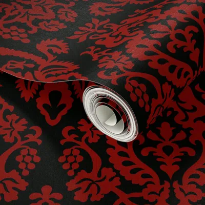 Spoonflower Peel And Stick Wallpaper Victorian Ogee Damask - Red And Black 2 2' X 12' Removable