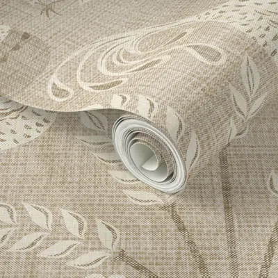 Spoonflower Peel And Stick Wallpaper Vintage Chickens On Linen Neutral 2' X 12' Removable In Sand