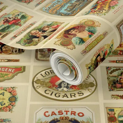 Spoonflower Peel And Stick Wallpaper Vintage Cigar Box Labels Fabric 4 Off-white Back 2' X 12' Removable