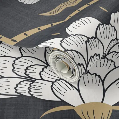 Spoonflower Peel And Stick Wallpaper Vintage Cottage Art Deco Floral Scallop White & Gold On Charcoal - Large  R In Black