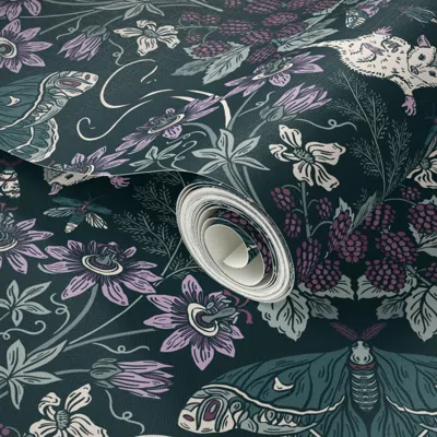 Spoonflower Peel And Stick Wallpaper Vintage Dark Art Nouveau Botanical Possum And Moth Blackberry Passionflower