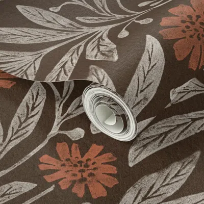 Spoonflower Peel And Stick Wallpaper Vintage Floral Daisy Print Dark Brown And Red 2' X 12' Removable