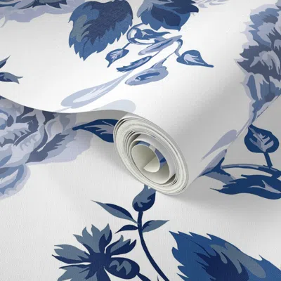 Spoonflower Peel And Stick Wallpaper Vintage Grandmillennial Chintz Roses Cornflower Blue White French Country 2