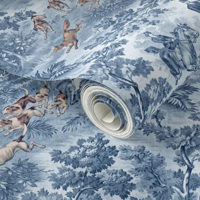 Spoonflower Peel And Stick Wallpaper Vintage Hunt Scene In Blue With Colored Hounds 2' X 12' Removable