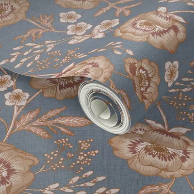 Spoonflower Peel And Stick Wallpaper Vintage Inspired Floral Chintz Light Golden Brown On Denim Blue M  Removabl
