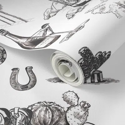 Spoonflower Peel And Stick Wallpaper Vintage Las Vegas Toile Design - Retro Casino & Western Hand-drawn - Black 