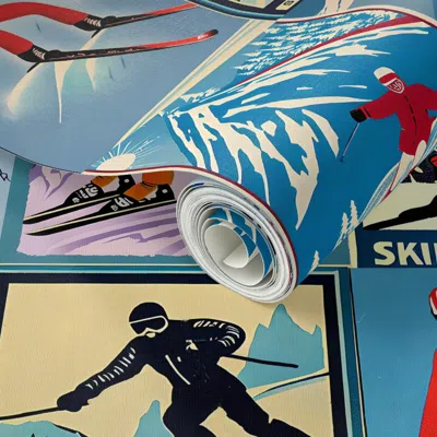 Spoonflower Peel And Stick Wallpaper Vintage Men Ski Collage 2' X 12' Removable