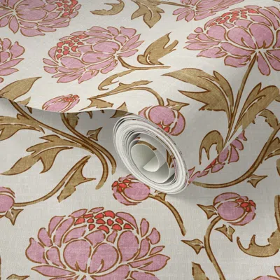 Spoonflower Peel And Stick Wallpaper Vintage Peonies Textured Floral Botanical In Dusty Pink And Khaki  Removabl