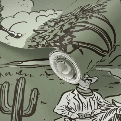 Spoonflower Peel And Stick Wallpaper Vintage Retro Western Cowboy Toile Western  Sage Large Scale 2' X 12' Remov