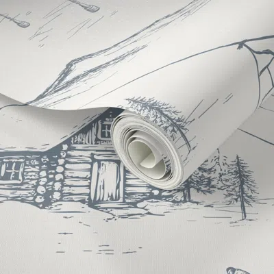 Spoonflower Peel And Stick Wallpaper Vintage Ski Toile De Jouy In Ivory & Muted Blue 2' X 12' Removable