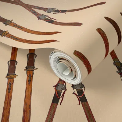 Spoonflower Peel And Stick Wallpaper Vintage Skis Crosshatch By Diane Gilbert 2' X 12' Removable
