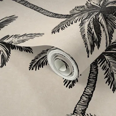Spoonflower Peel And Stick Wallpaper Vintage Tropical Palm Tree Pattern - Black And Tan Coastal Decor 2' X 12' R