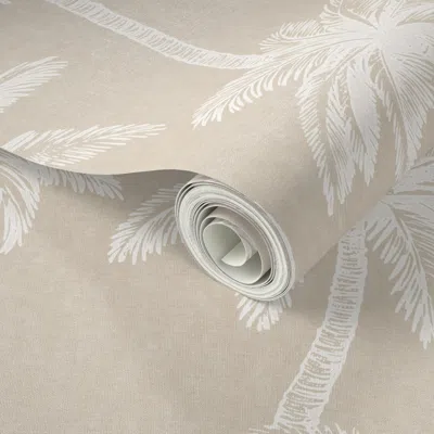 Spoonflower Peel And Stick Wallpaper Vintage Tropical Palm Tree Pattern - White And Tan Decor 2' X 12' Removable