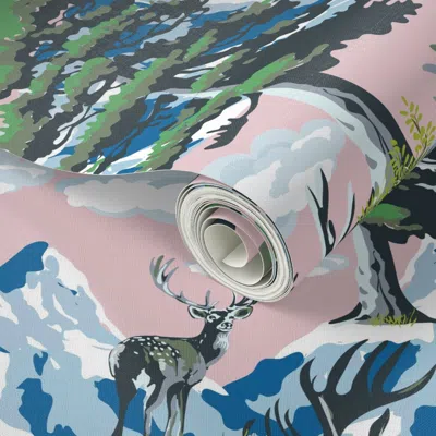 Spoonflower Peel And Stick Wallpaper Vintage Wild Deer Park In Mountain River Crossing Evergreen Trees Green 2' 