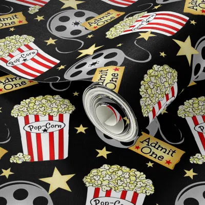Spoonflower Peel And Stick Wallpaper Vip Movie Night / Theater Pop-corn Lg./xlg. Starry Back On Black 2' X 12' R