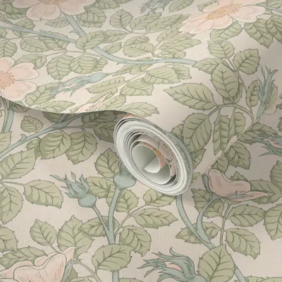 Spoonflower Peel And Stick Wallpaper Warm Farmhouse Brier Bush Dog Rose Trailing Floral - Peach (med) 2' X 12' R