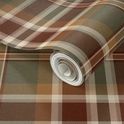 Spoonflower Peel And Stick Wallpaper Warm Olive And Rust Plaid In Twill Weave Style For Fall Menswear / Medium 2