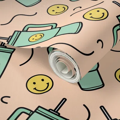 Spoonflower Peel And Stick Wallpaper Water Bottle Tumbler Drink Cup Retro Hydrate Health Theme Boys Smiley 2' X 