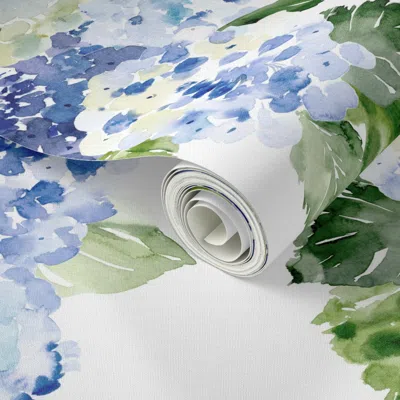 Spoonflower Peel And Stick Wallpaper Watercolor Blue Hydrangea Blossom Kitchen 01 Medium 2' X 12' Removable