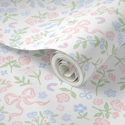Spoonflower Peel And Stick Wallpaper Watercolor Bows Flowers Ditsy Floral Toss Grandmillennial Preppy 127 2' X 1 In Multi