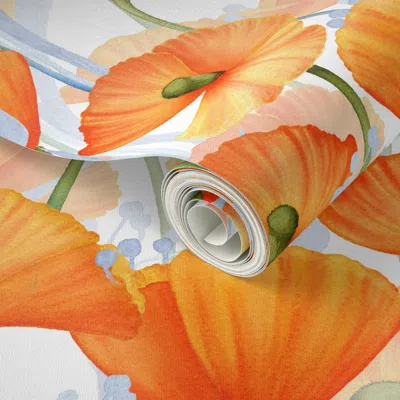 Spoonflower Peel And Stick Wallpaper Watercolor California Poppies Botanical Farmhouse Floral Vintage Beauty 2' 
