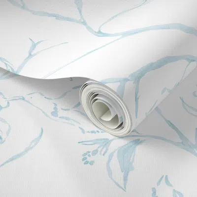 Spoonflower Peel And Stick Wallpaper Watercolor Hummingbird Chinoiserie Floral - Climbing Branch - Cyan White  R