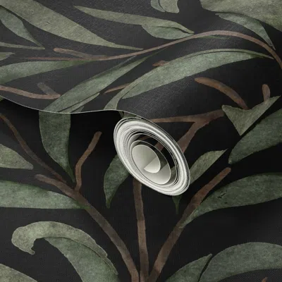 Spoonflower Peel And Stick Wallpaper Watercolor Leaves - Green On Black - William Morris Inspired // Large Scale