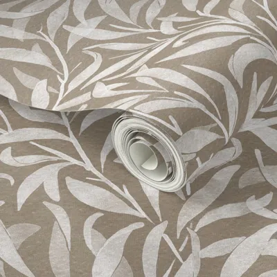 Spoonflower Peel And Stick Wallpaper Watercolor Leaves White On Kraft Brown William Morris / Medium Scale  Remov