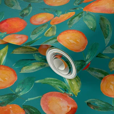 Spoonflower Peel And Stick Wallpaper Watercolor Oranges // Teal 2' X 12' Removable