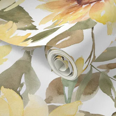 Spoonflower Peel And Stick Wallpaper Watercolor Sunflowers On White - Extra Large Scale 2' X 12' Removable In Multi