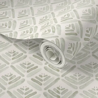 Spoonflower Peel And Stick Wallpaper Watercolour Geo - Cream & Light Green 2' X 12' Removable