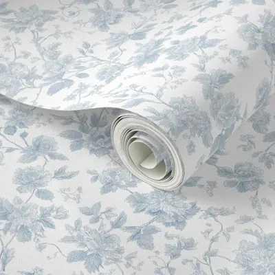 Spoonflower Peel And Stick Wallpaper Wendlington - Engraved Rose Tangle In Cottage Soft Blue Quintessential Home