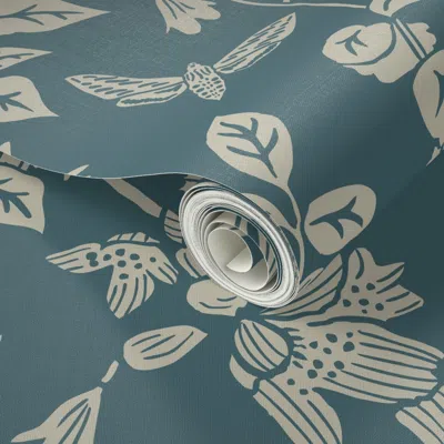 Spoonflower Peel And Stick Wallpaper Western Birds + Flowers In Jewel Canyon - Dark Moody Teal Blue Floral 2' X 