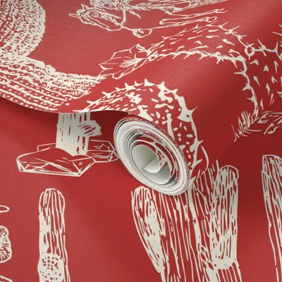 Spoonflower Peel And Stick Wallpaper Western Cactoile In Bright Holiday Red + Cream 2' X 12' Removable